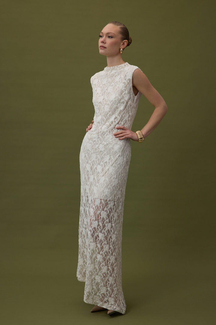 Sateen Robe sans manches en dentelle - Beige