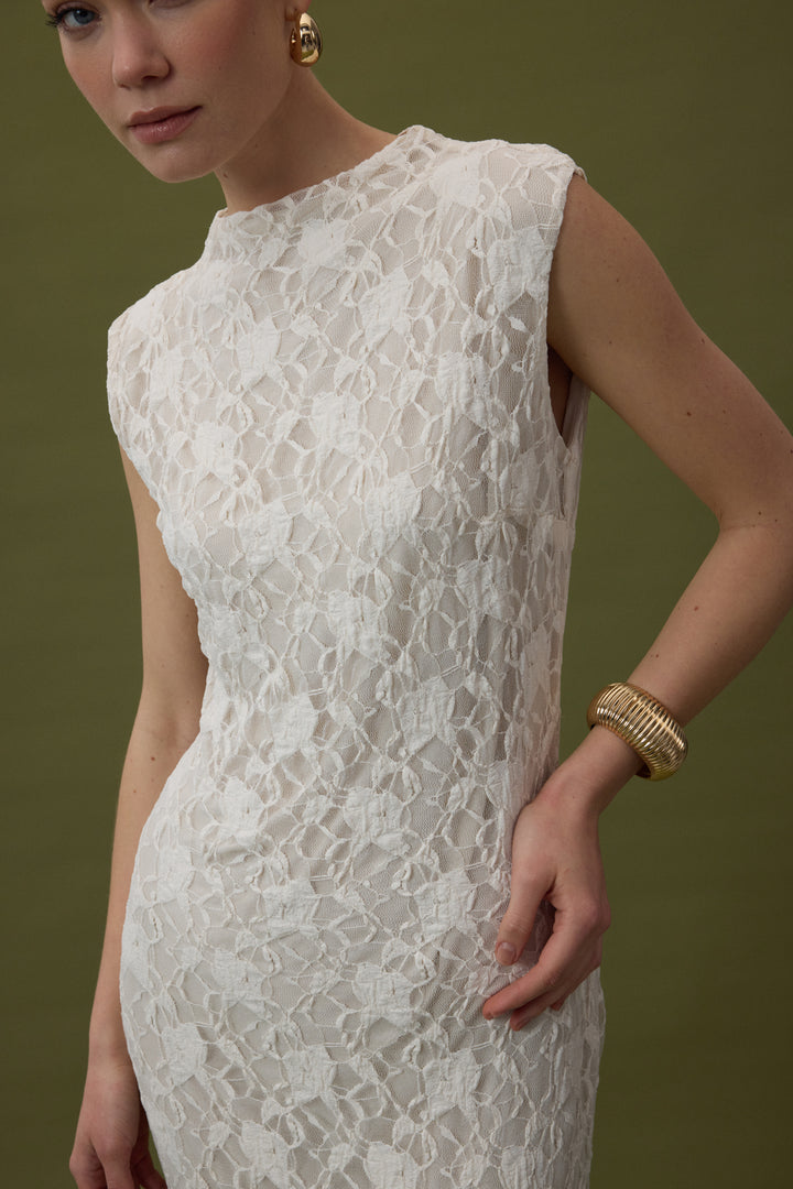 Sateen Robe sans manches en dentelle - Beige