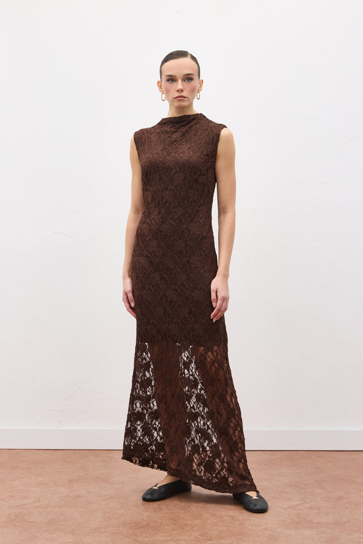 Sateen Robe sans manches en dentelle - Marron