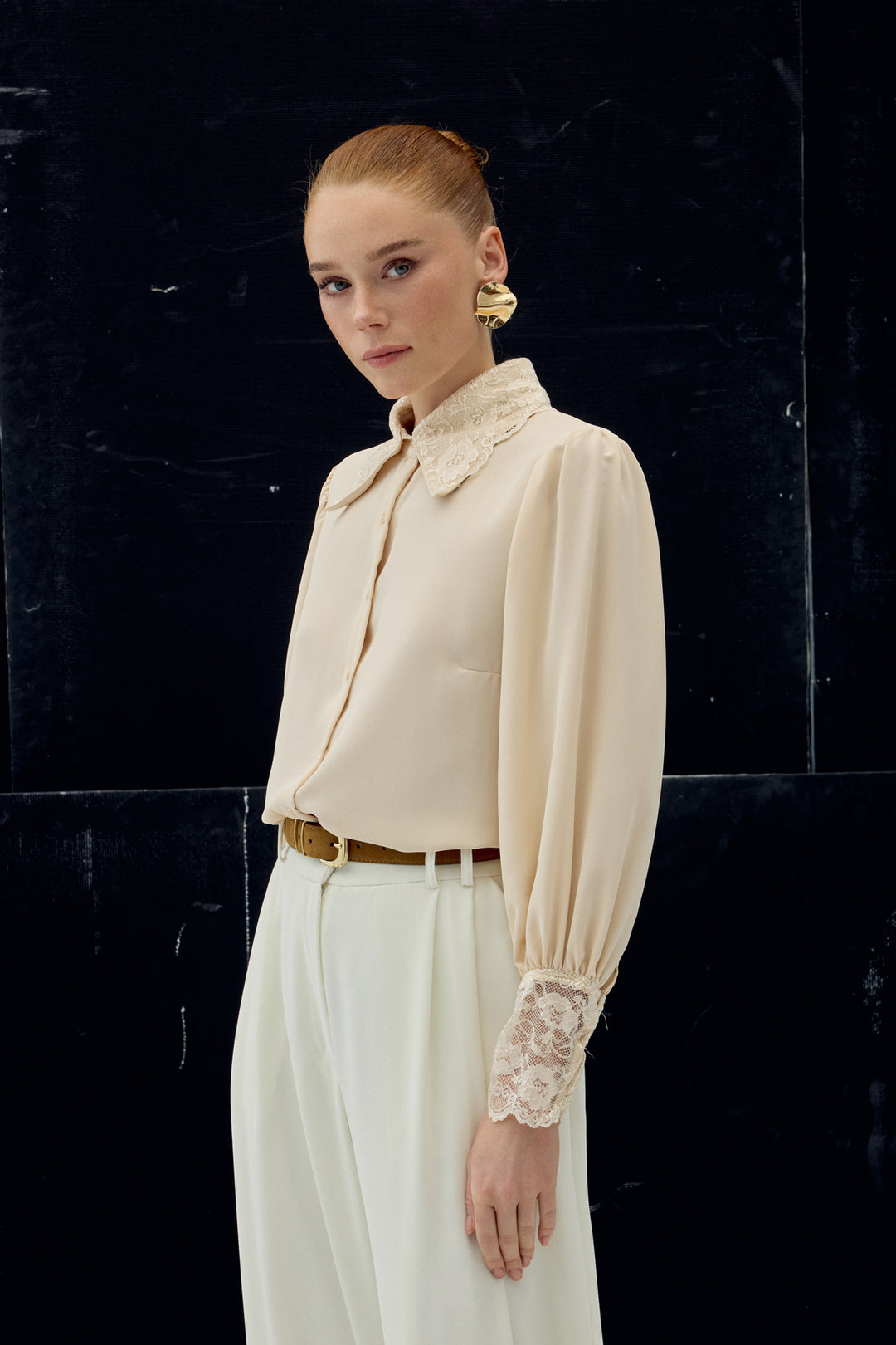 Sateen Chemise à Manches en Dentelle - Beige