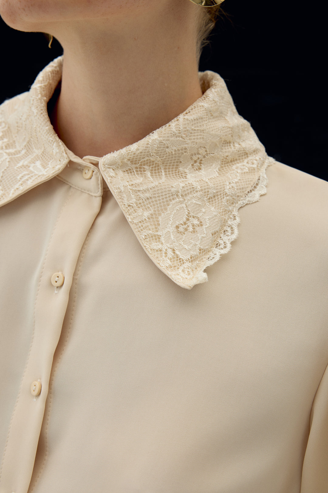 Sateen Chemise à Manches en Dentelle - Beige