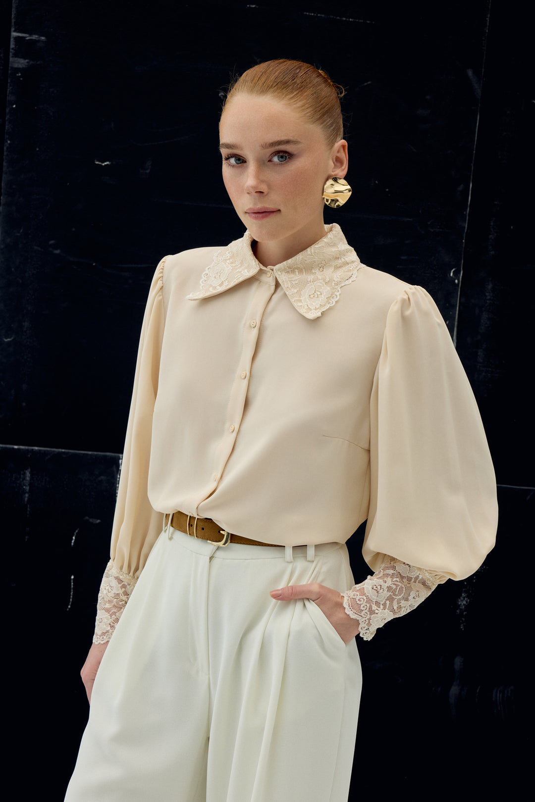 Sateen Chemise à Manches en Dentelle - Beige