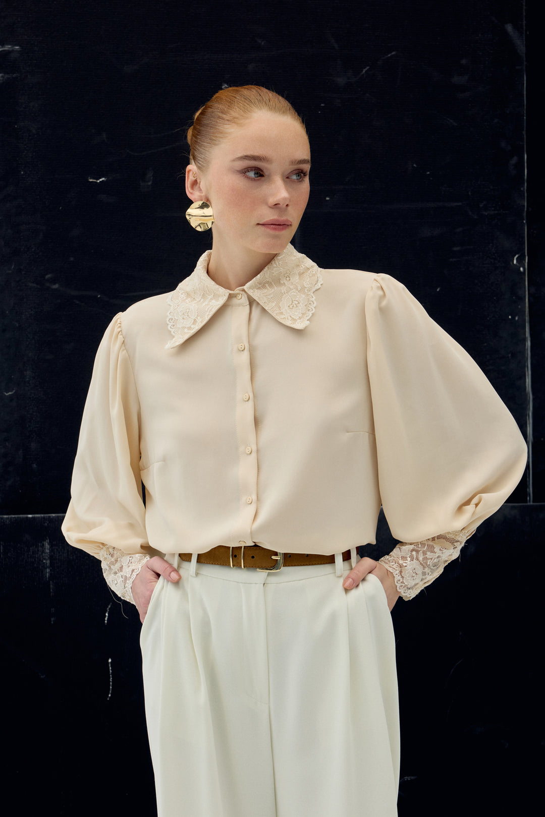 Sateen Chemise à Manches en Dentelle - Beige