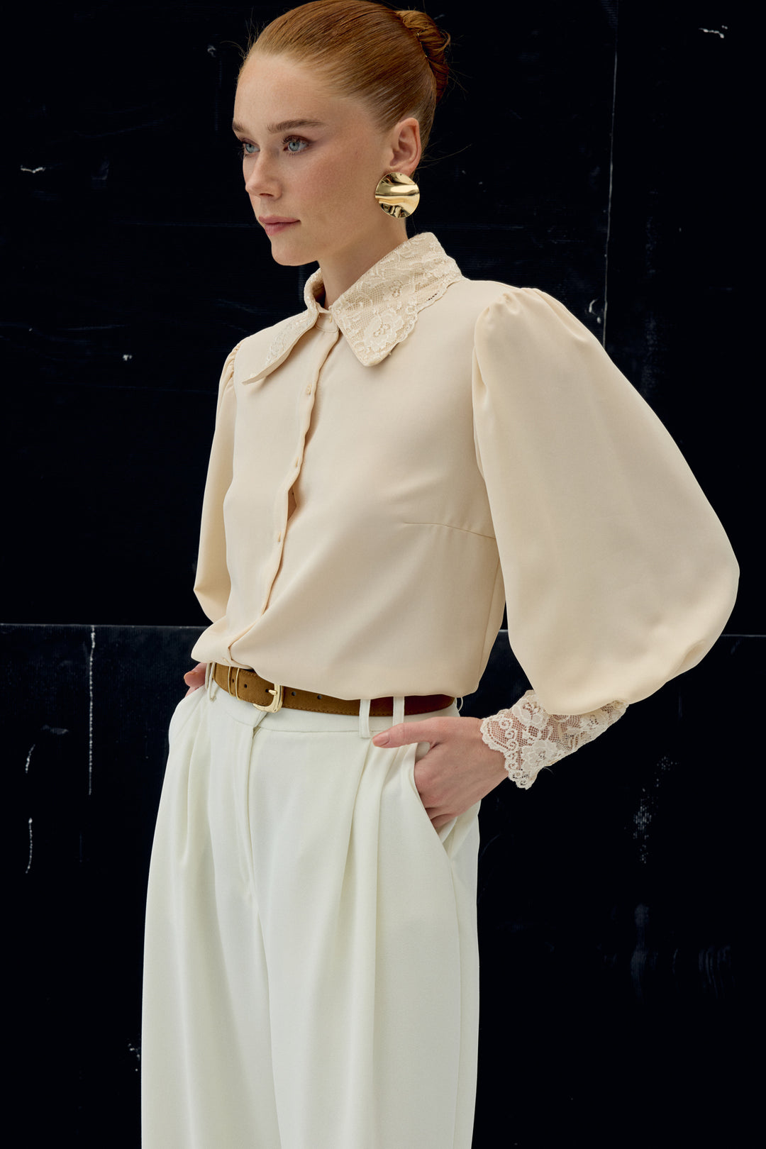 Sateen Chemise à Manches en Dentelle - Beige