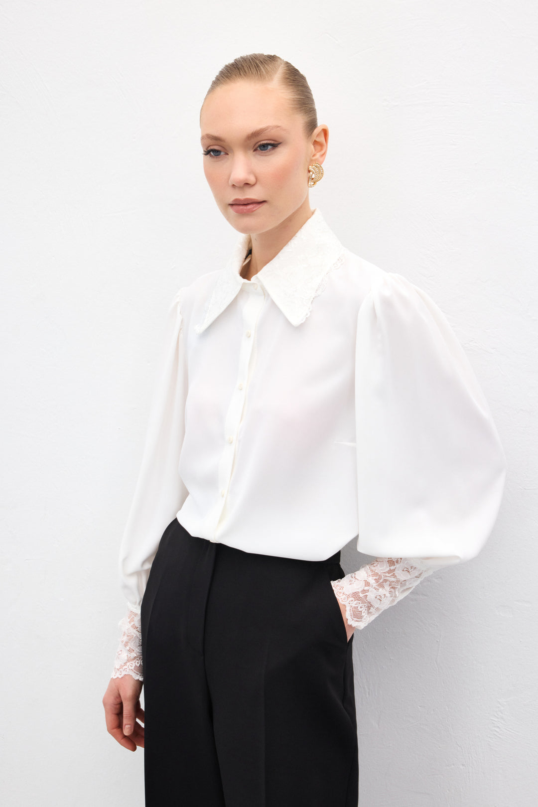 Sateen Chemise à Manches en Dentelle - Écru