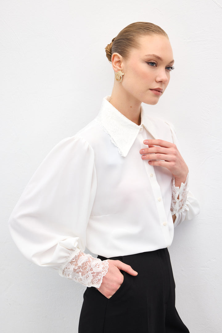 Sateen Chemise à Manches en Dentelle - Écru