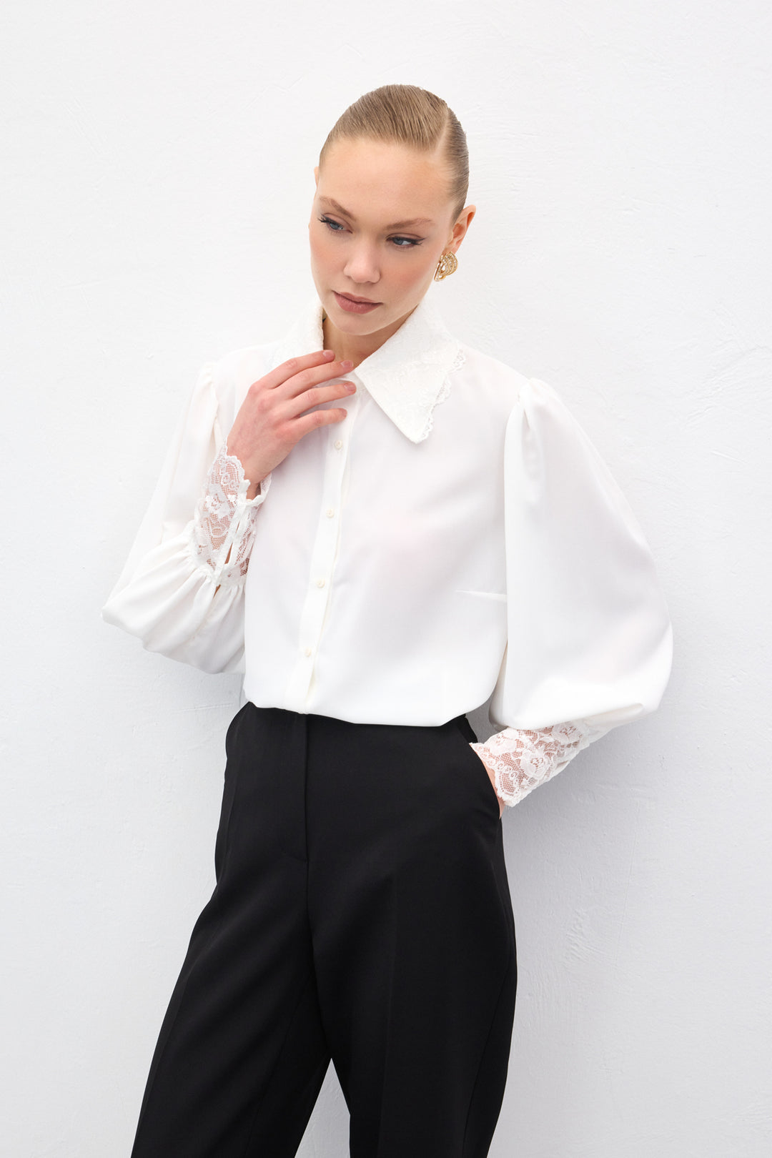 Sateen Chemise à Manches en Dentelle - Écru