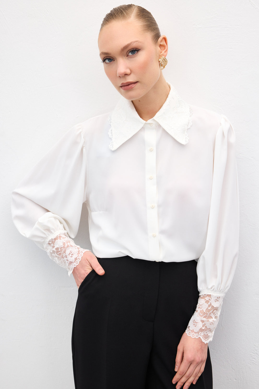 Sateen Chemise à Manches en Dentelle - Écru