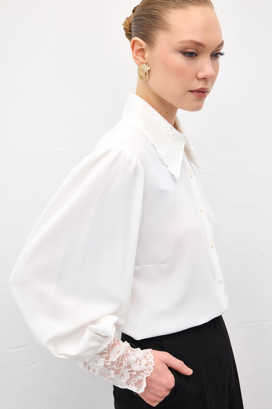 Sateen Chemise à Manches en Dentelle - Écru