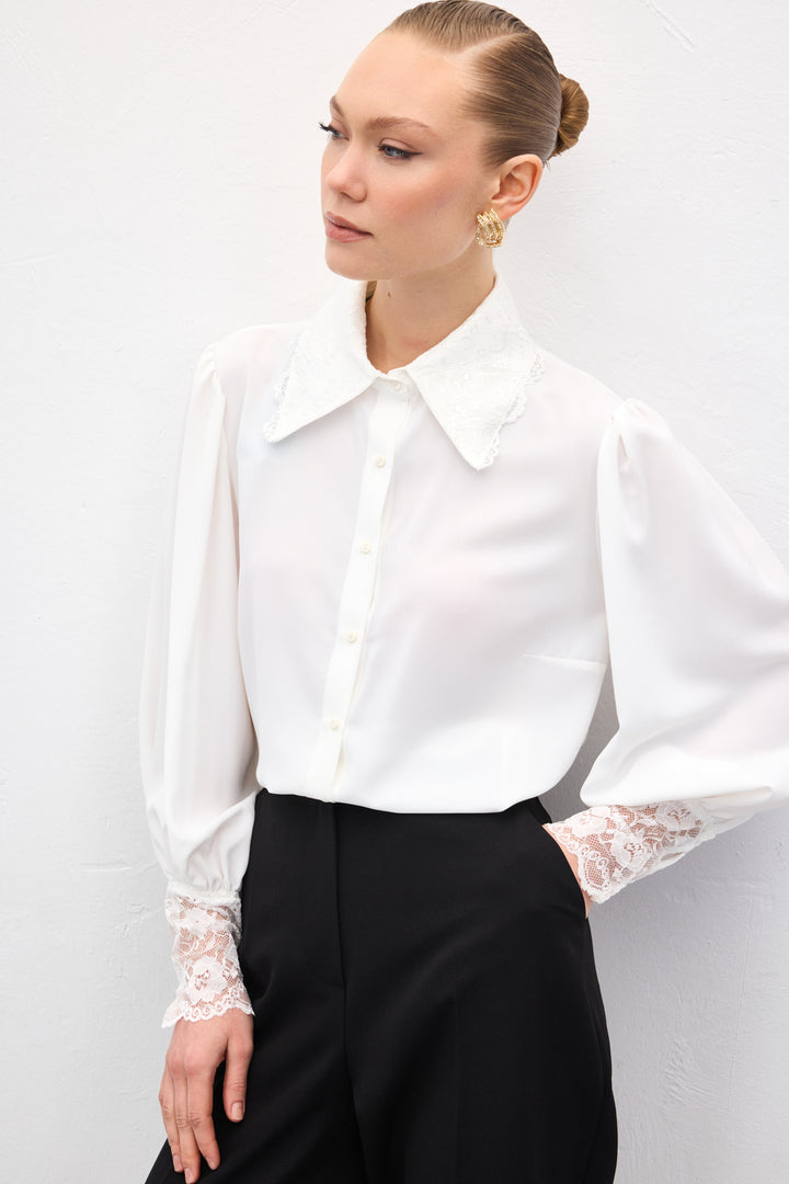 Sateen Chemise à Manches en Dentelle - Écru
