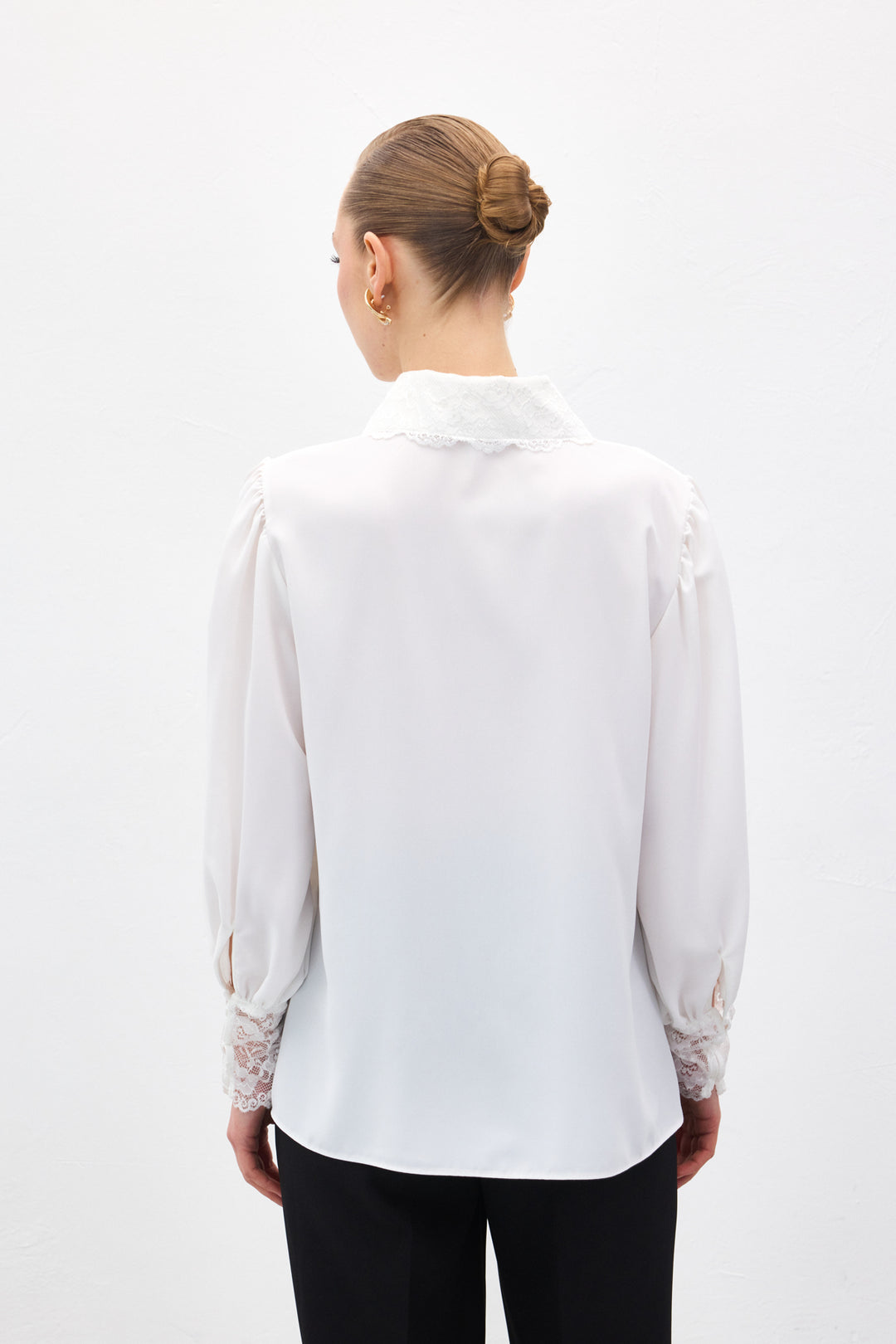 Sateen Chemise à Manches en Dentelle - Écru