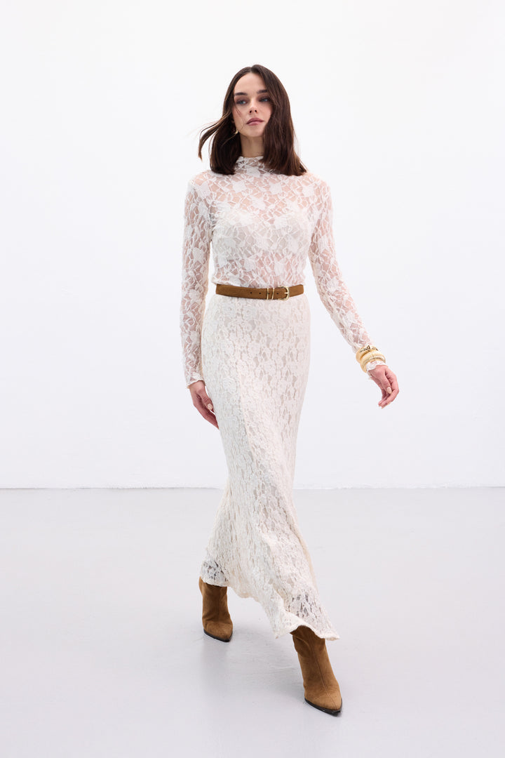 Sateen Jupe Longue en Dentelle - Beige