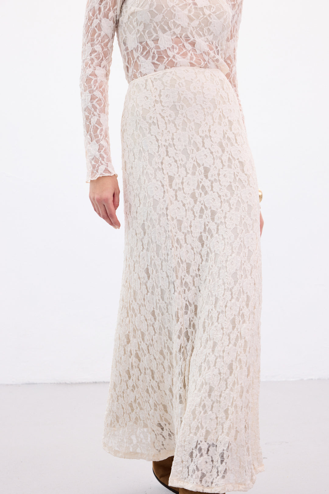 Sateen Jupe Longue en Dentelle - Beige