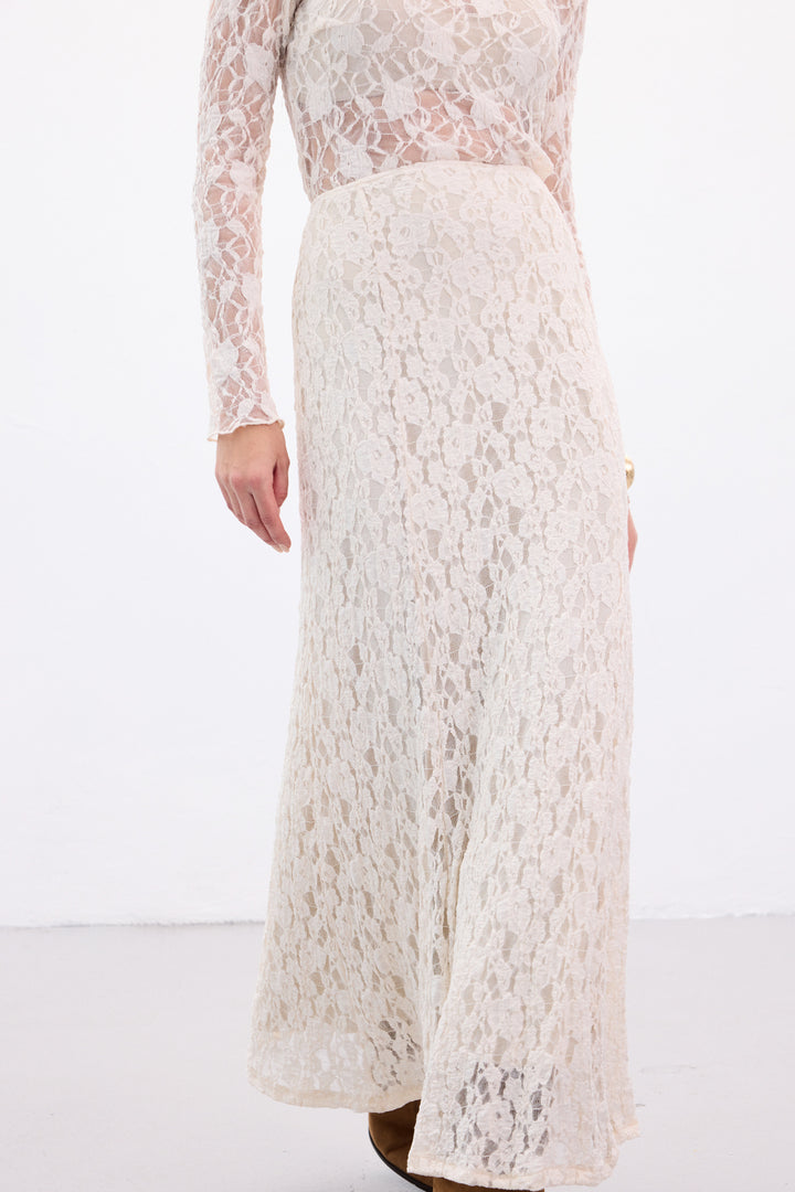 Sateen Jupe Longue en Dentelle - Beige