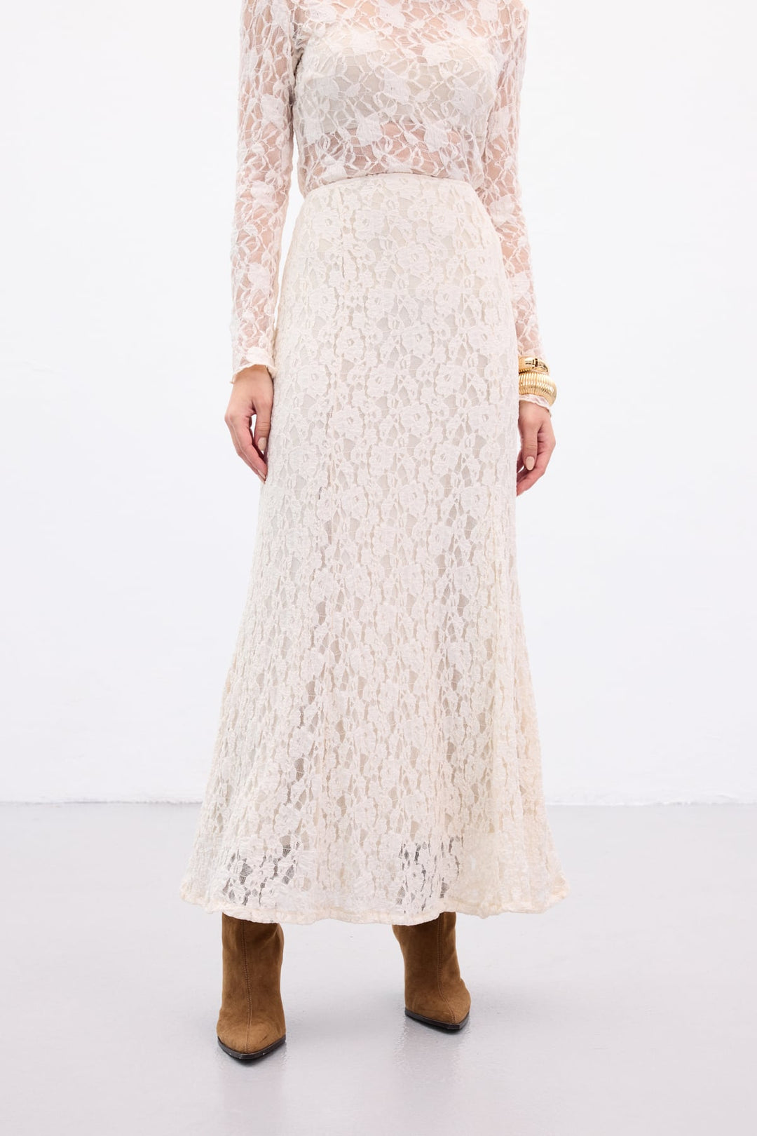 Sateen Jupe Longue en Dentelle - Beige