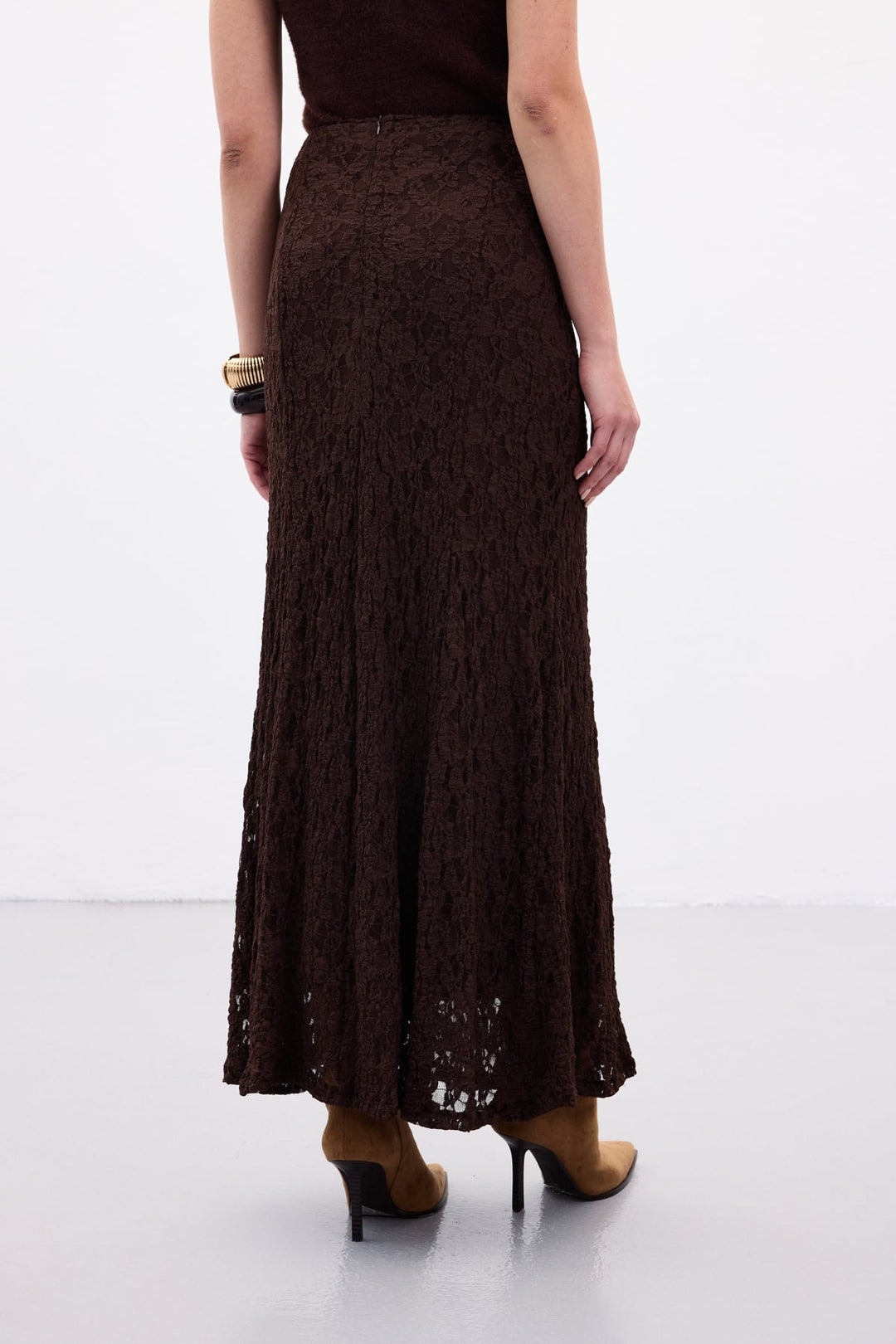 Sateen Jupe Longue en Dentelle - Marron