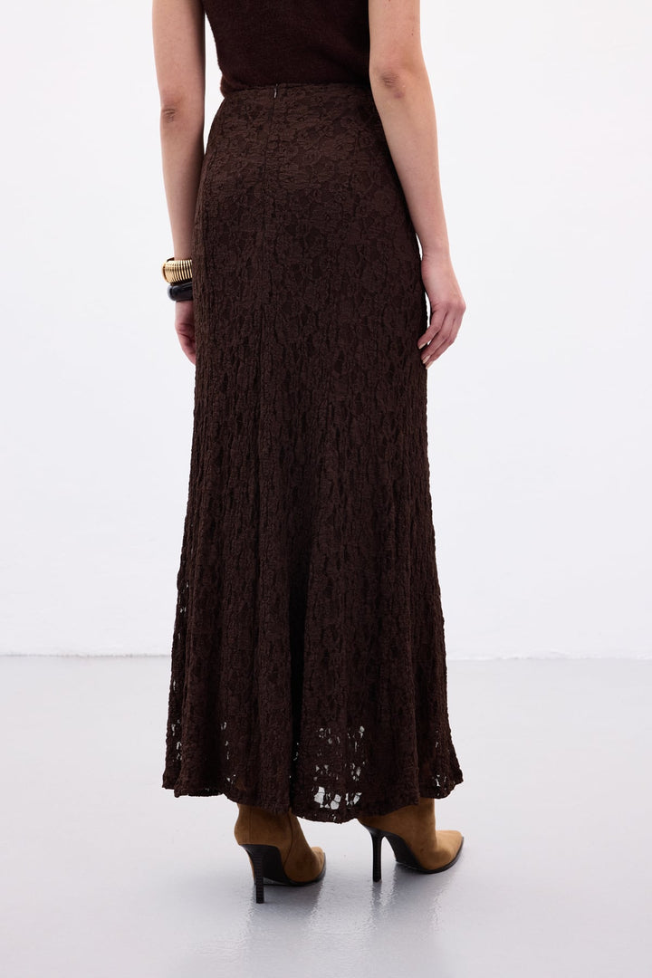 Sateen Jupe Longue en Dentelle - Marron