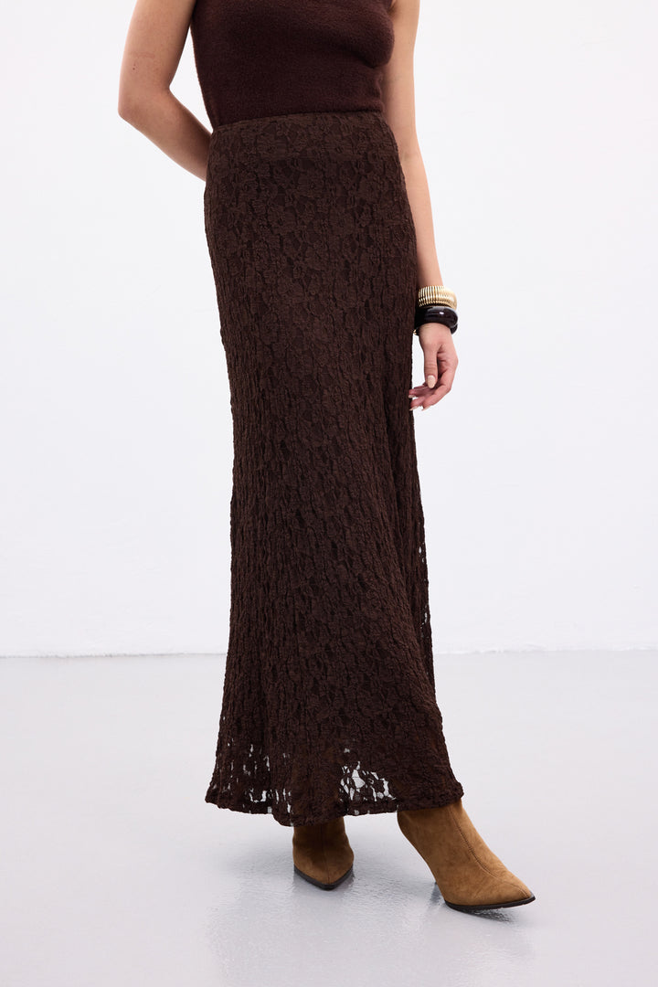 Sateen Jupe Longue en Dentelle - Marron