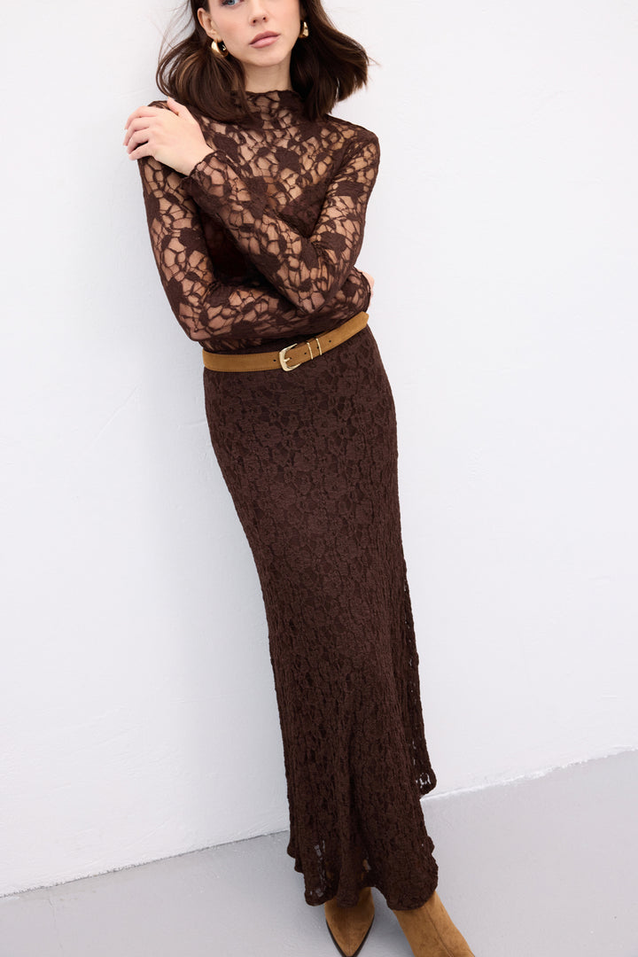 Sateen Jupe Longue en Dentelle - Marron