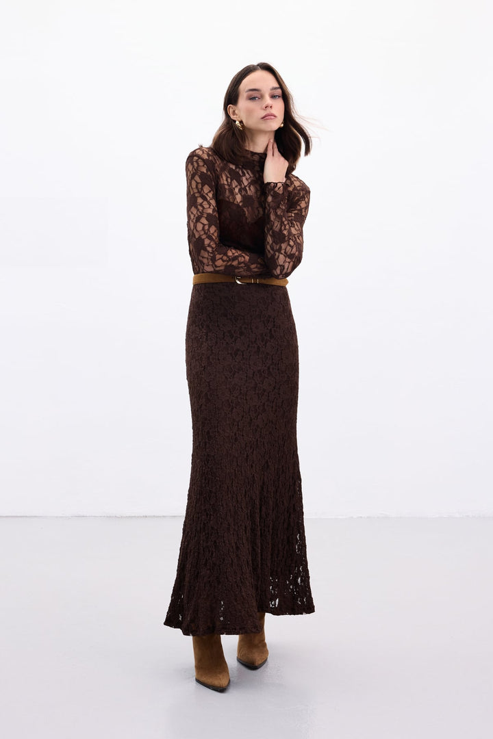 Sateen Jupe Longue en Dentelle - Marron
