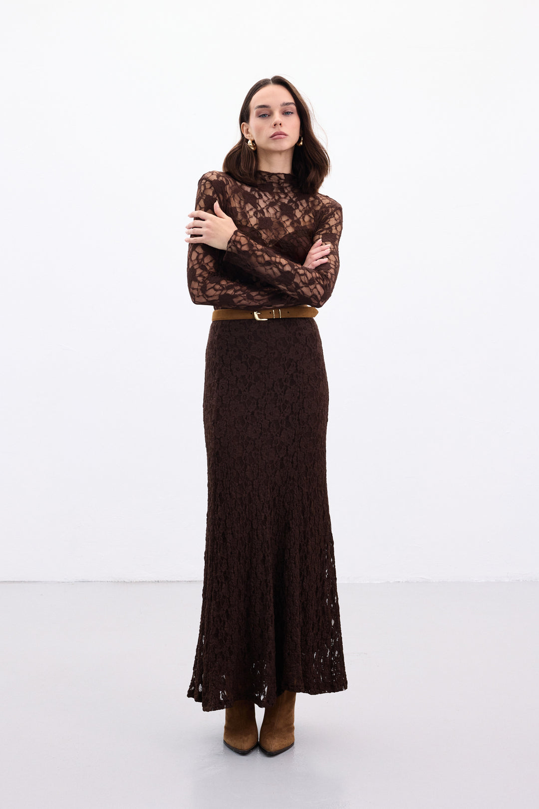 Sateen Jupe Longue en Dentelle - Marron