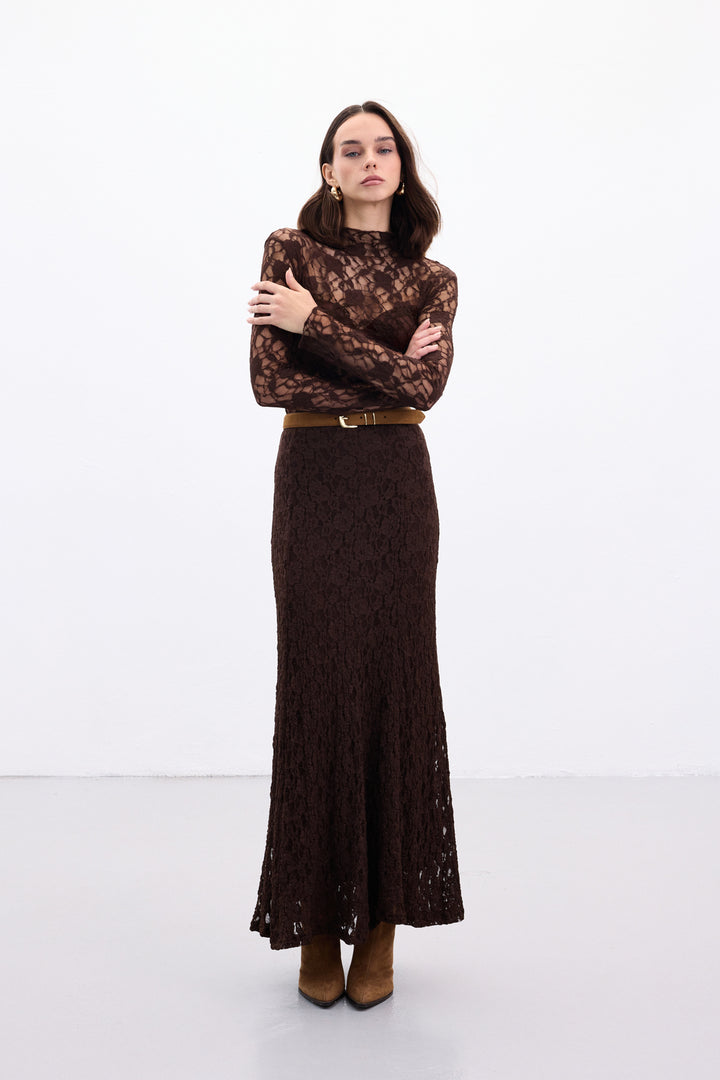 Sateen Jupe Longue en Dentelle - Marron