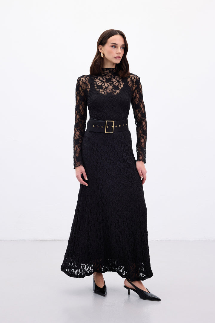 Sateen Jupe Longue en Dentelle - Noir