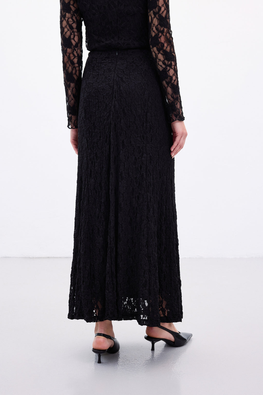 Sateen Jupe Longue en Dentelle - Noir