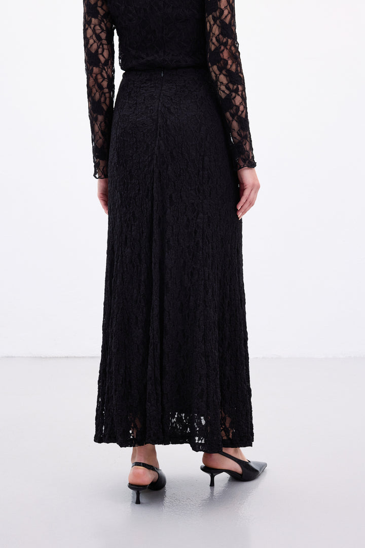 Sateen Jupe Longue en Dentelle - Noir