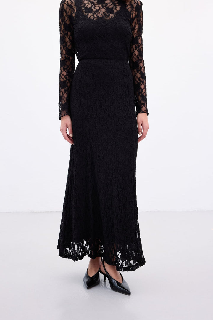 Sateen Jupe Longue en Dentelle - Noir