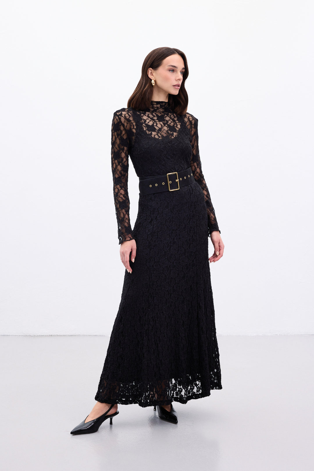 Sateen Jupe Longue en Dentelle - Noir