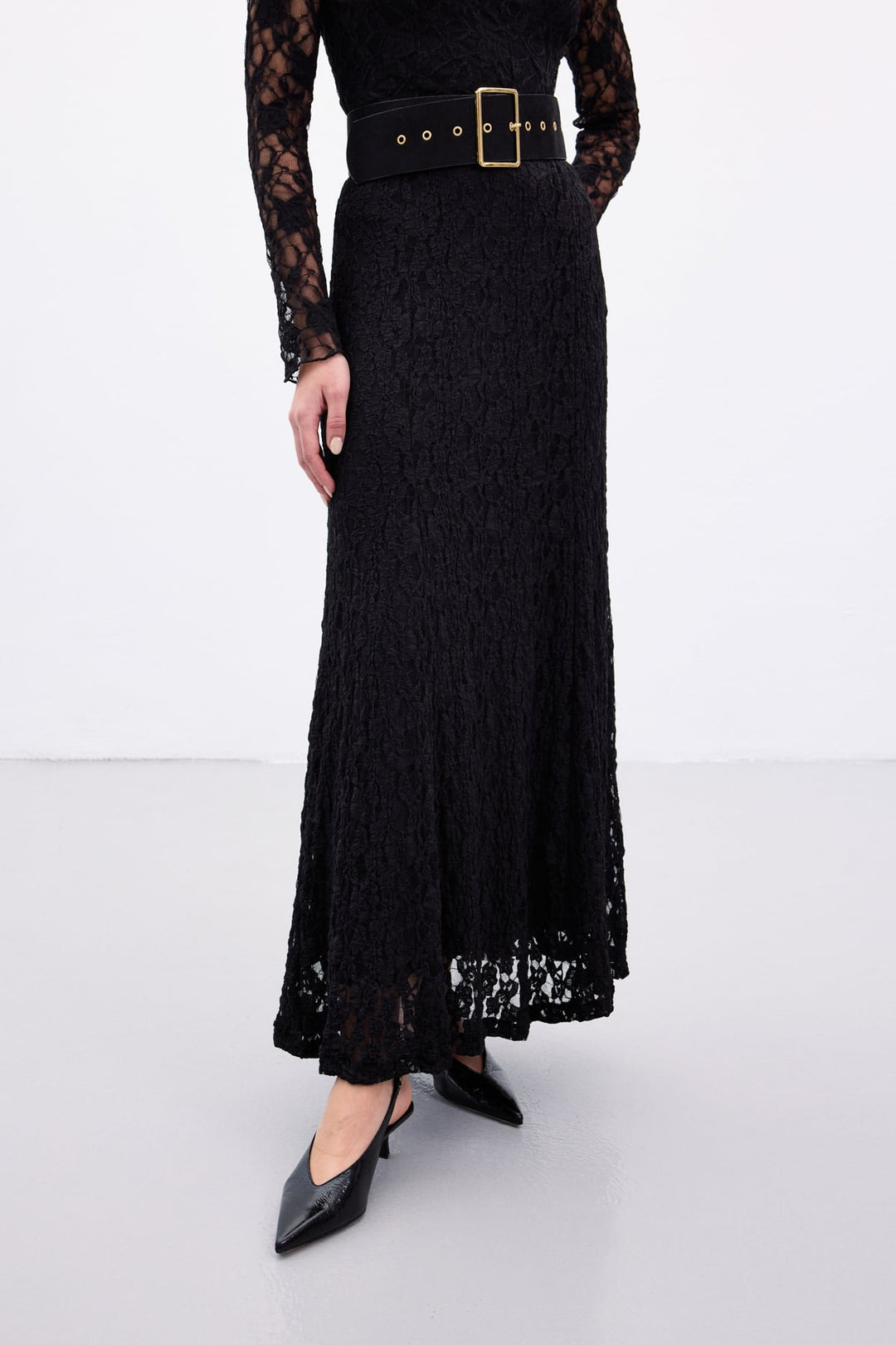 Sateen Jupe Longue en Dentelle - Noir
