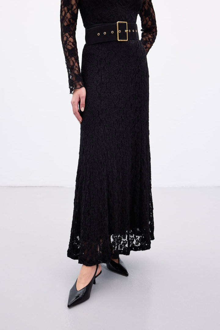 Sateen Jupe Longue en Dentelle - Noir