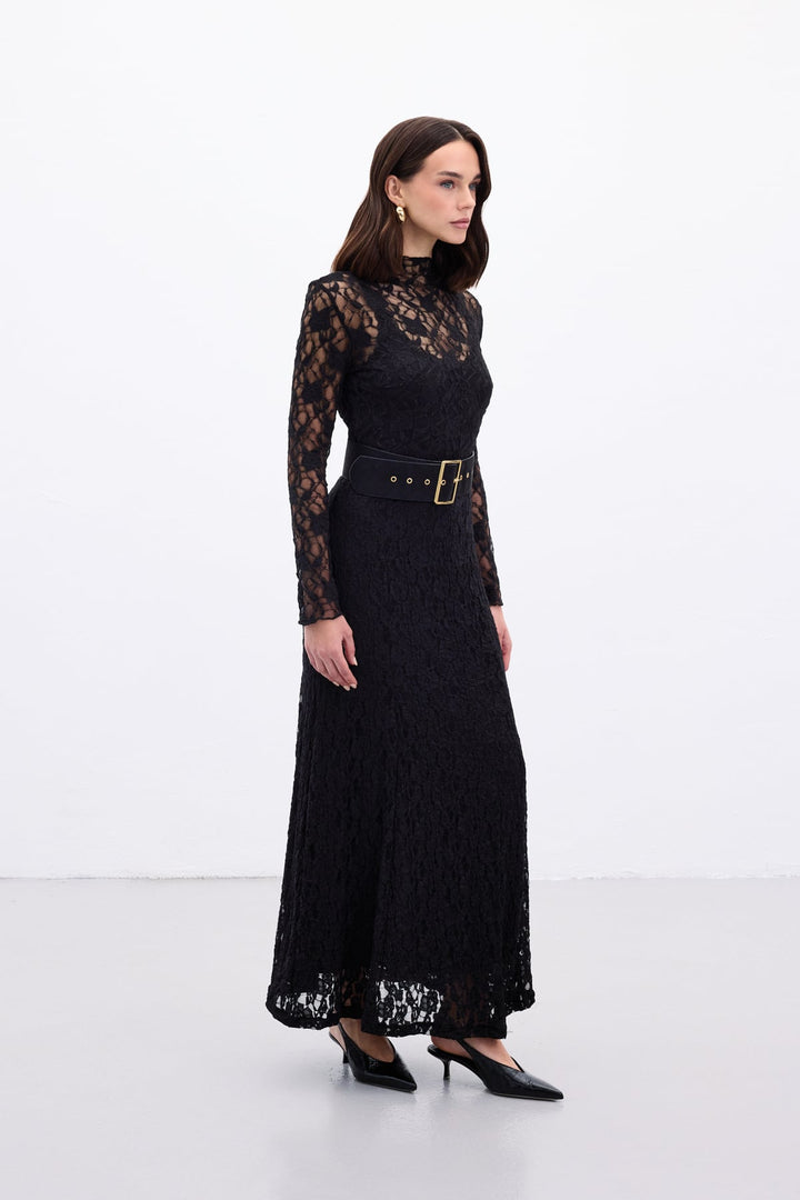 Sateen Jupe Longue en Dentelle - Noir