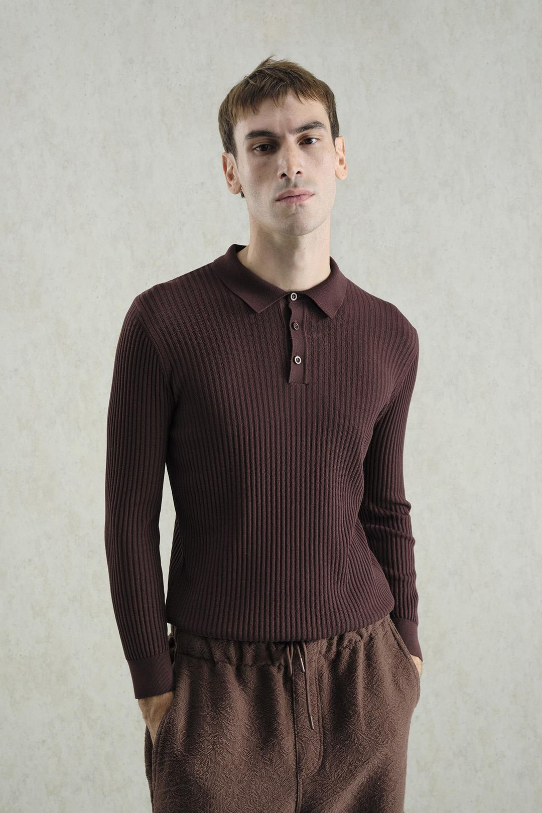 Giesto Polo en tricot marron à boutons ajusté - Marron