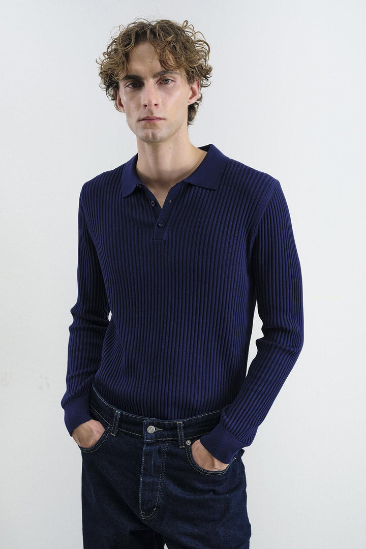 Giesto Polo en tricot bleu marine à boutons ajusté - Bleu marine
