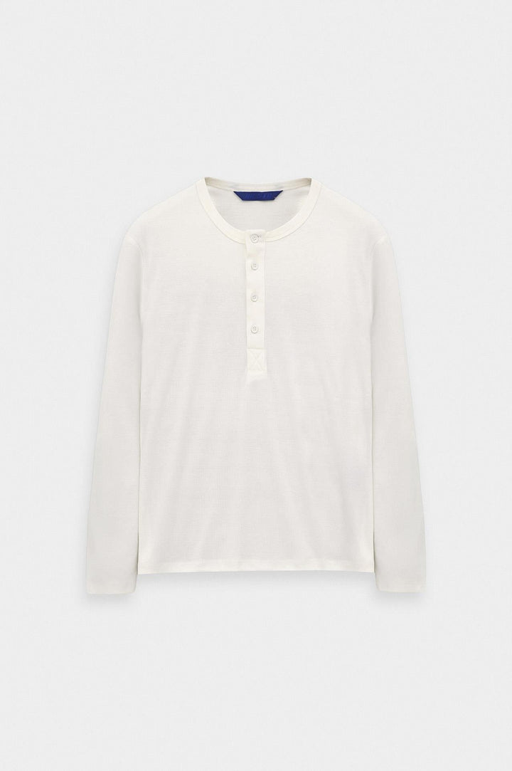 Giesto T-shirt blanc à col boutonné à coupe ajustée à manches longues - Blanc