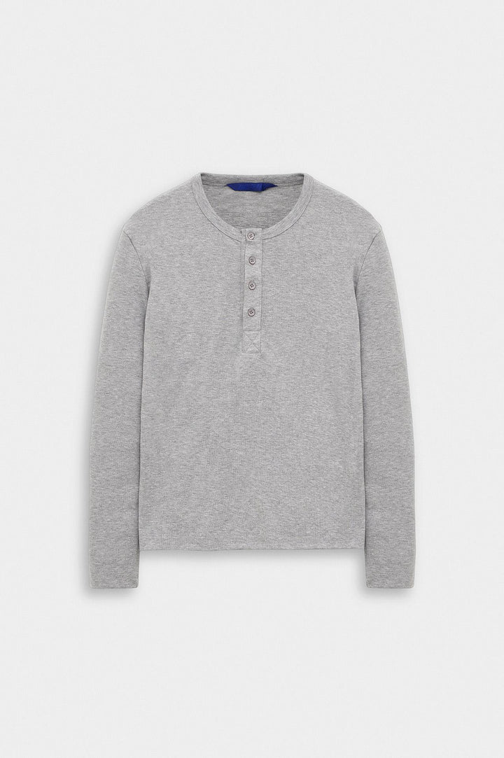 Giesto T-shirt à col boutonné gris à coupe ajustée à manches longues - Gris