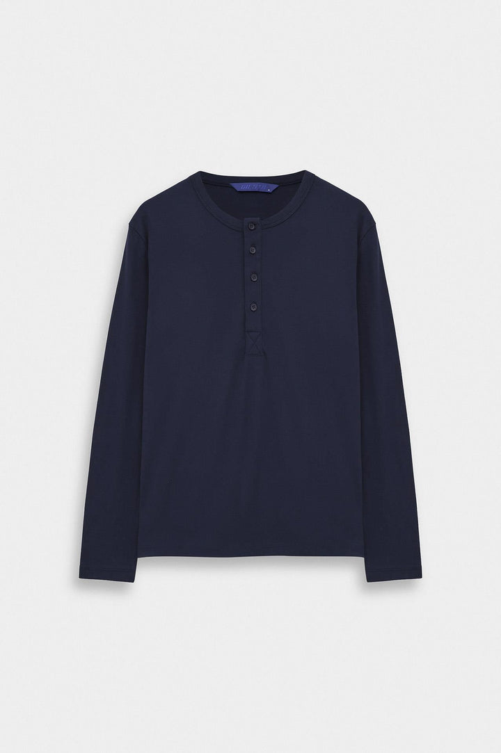 Giesto T-shirt à col boutonné bleu marine à coupe ajustée à manches longues - Bleu marine