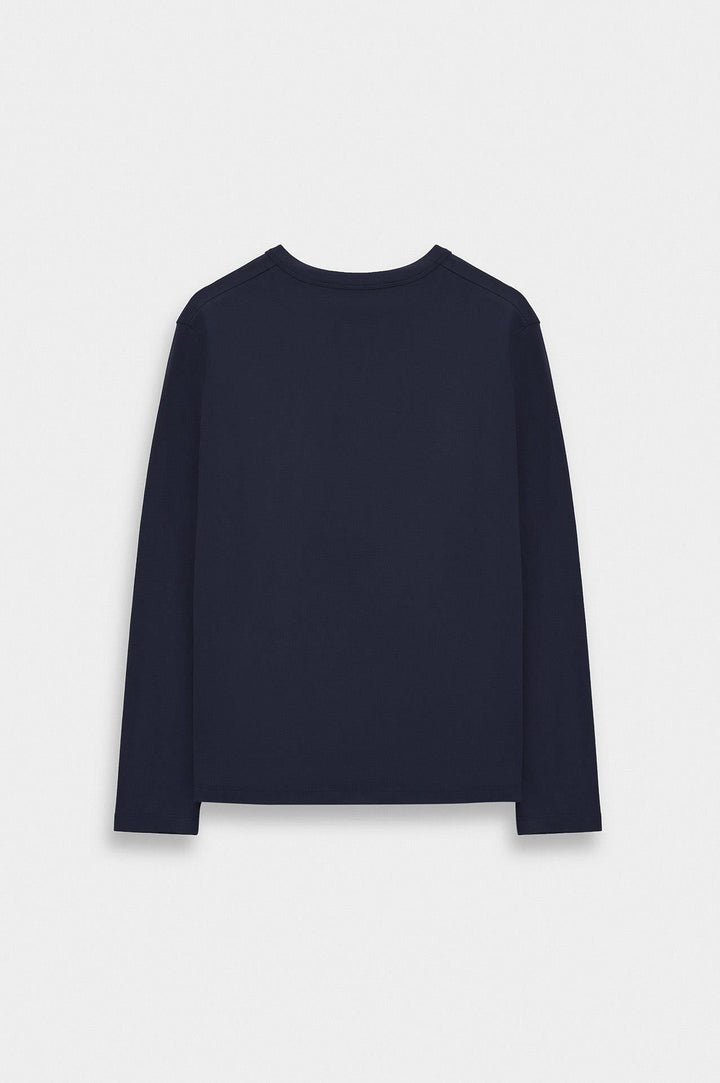 Giesto T-shirt à col boutonné bleu marine à coupe ajustée à manches longues - Bleu marine