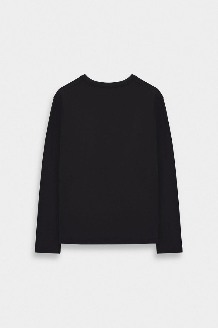 Giesto T-shirt à col boutonné noir à coupe ajustée à manches longues - Noir