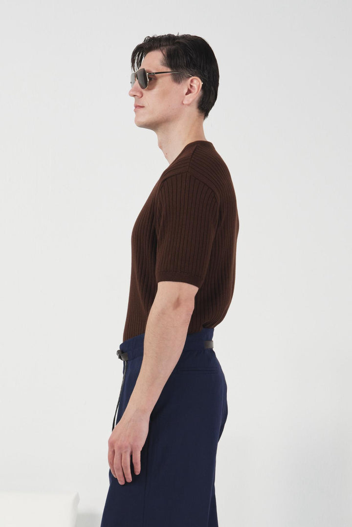 Giesto T-Shirt Tricot Marron Zippé Ajusté - Marron