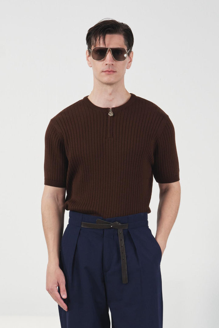 Giesto T-Shirt Tricot Marron Zippé Ajusté - Marron