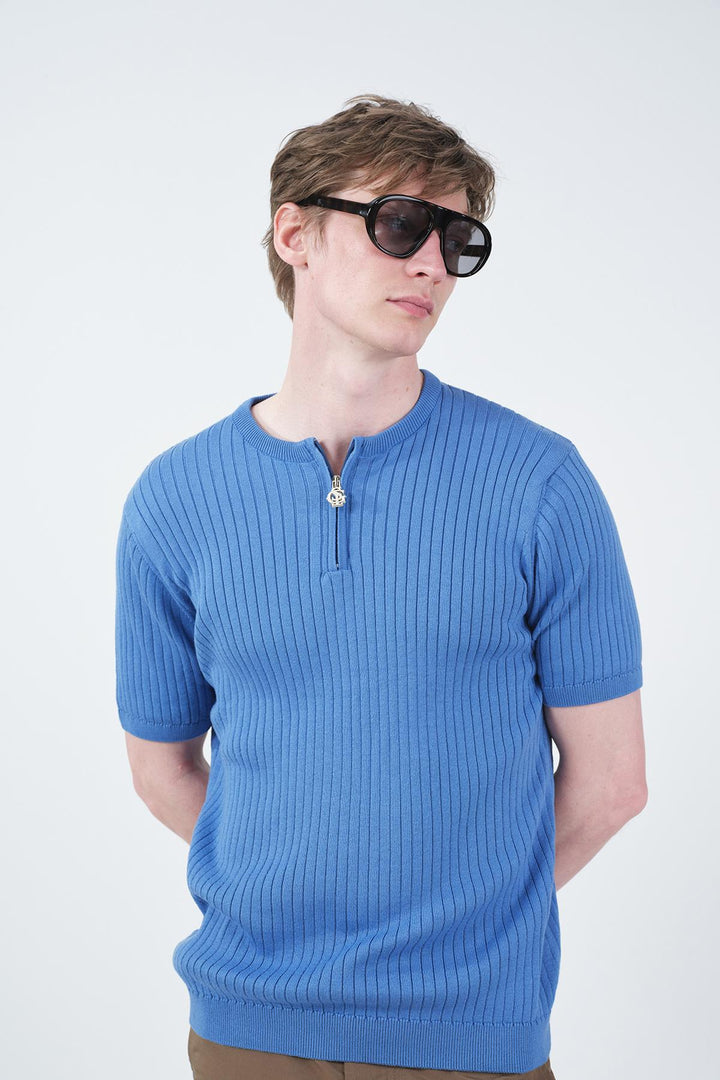 Giesto T-Shirt Tricot Bleu Zippé Ajusté - Bleu