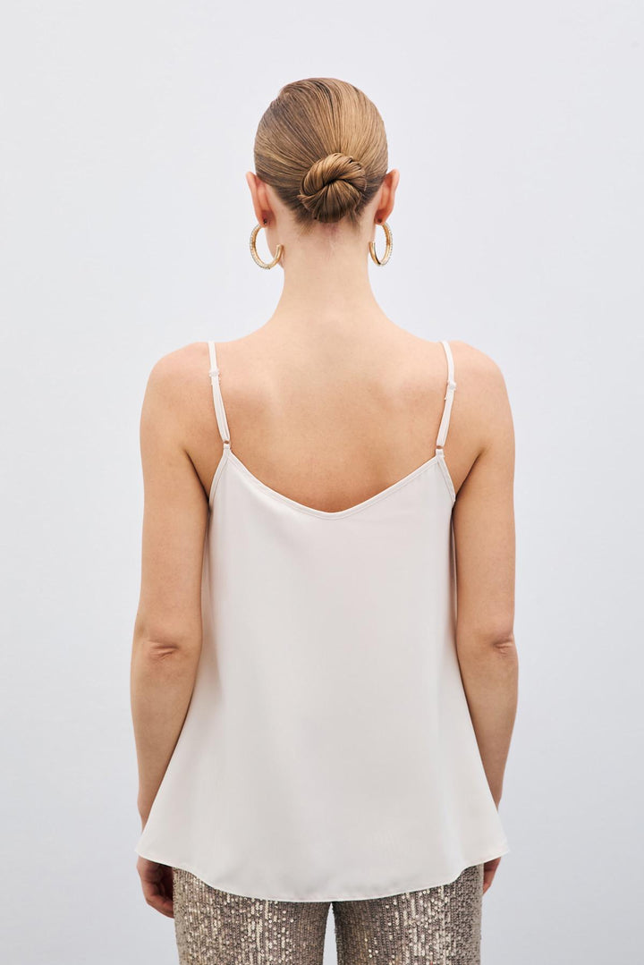 Sateen Blouse à Col Dégagé - Beige