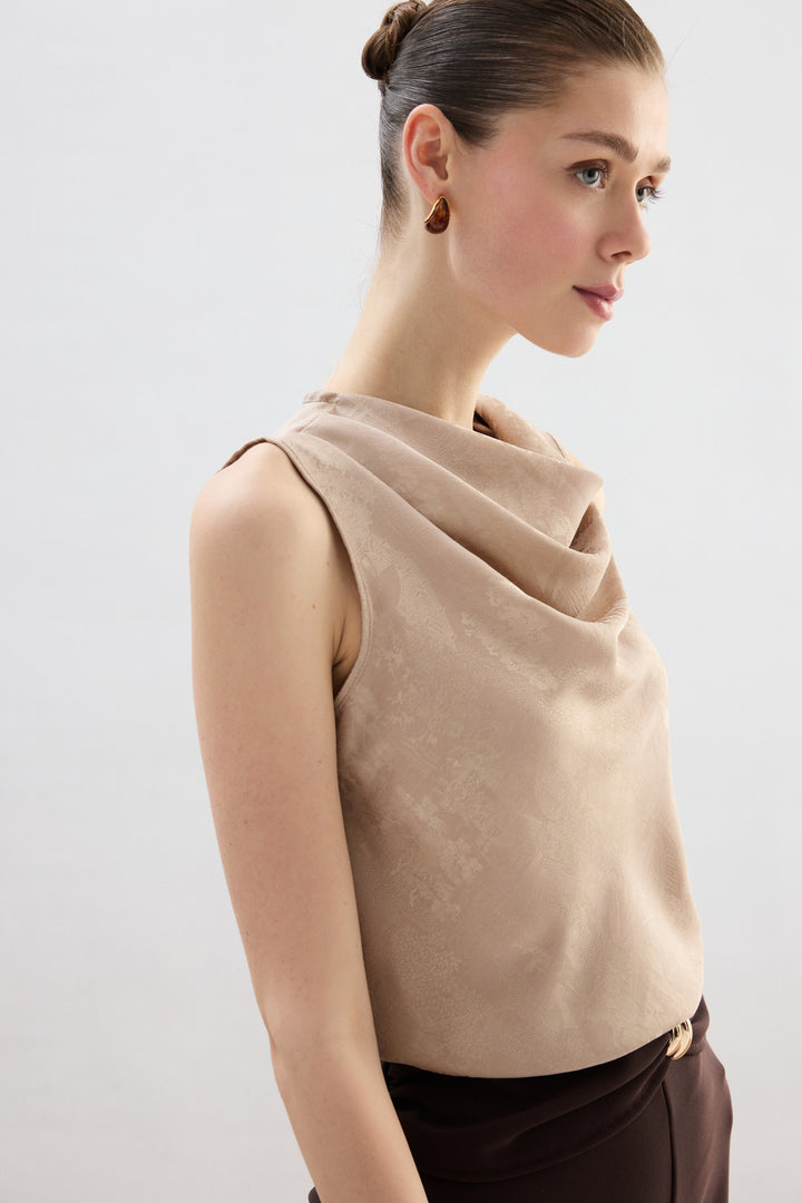 Sateen Blouse Col Dégagé - Beige