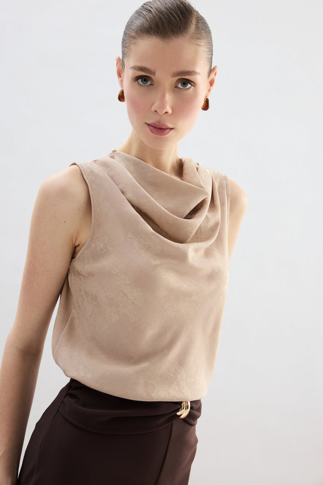 Sateen Blouse Col Dégagé - Beige