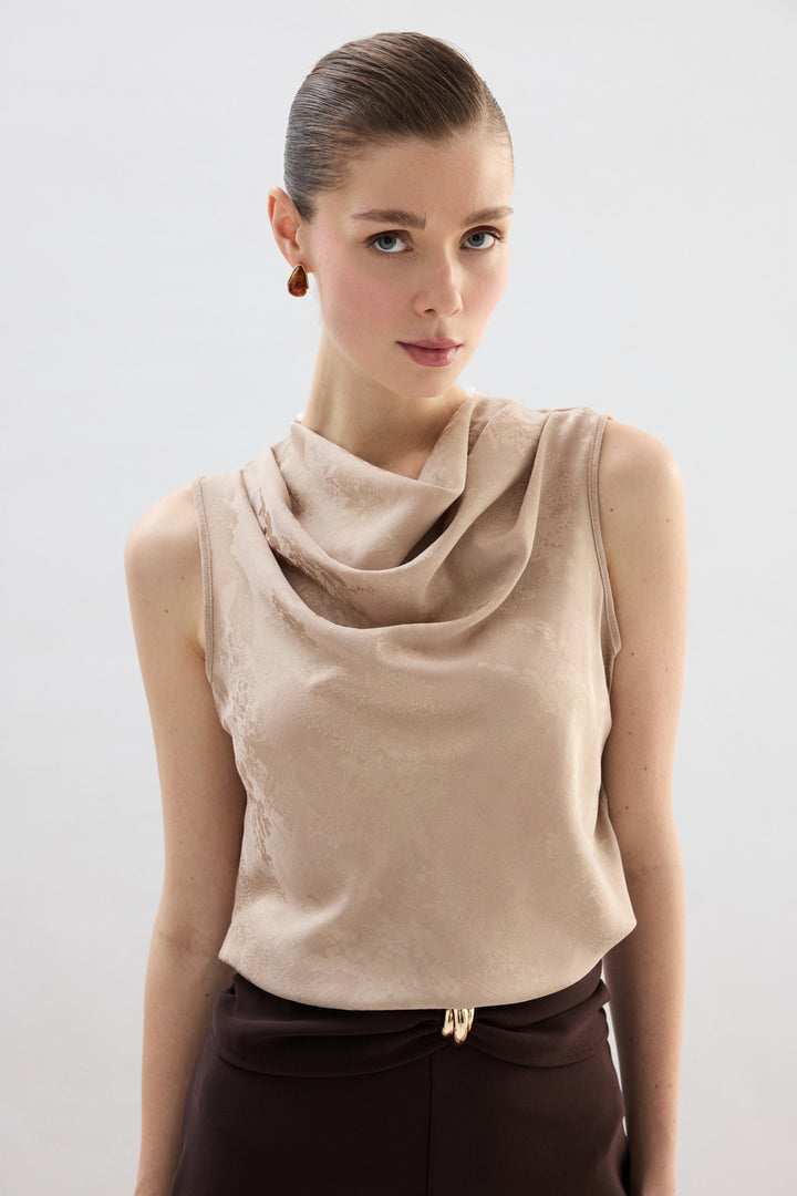 Sateen Blouse Col Dégagé - Beige