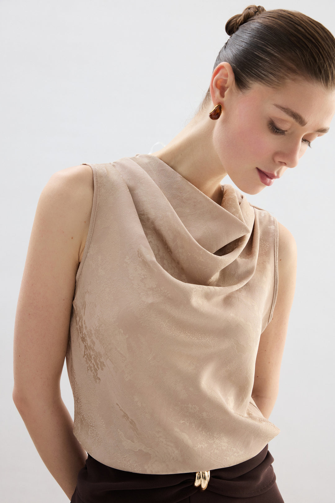 Sateen Blouse Col Dégagé - Beige