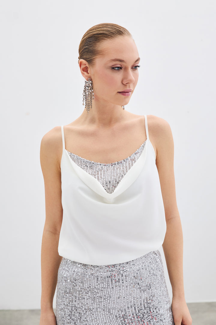 Sateen Blouse col dégagé - Écru